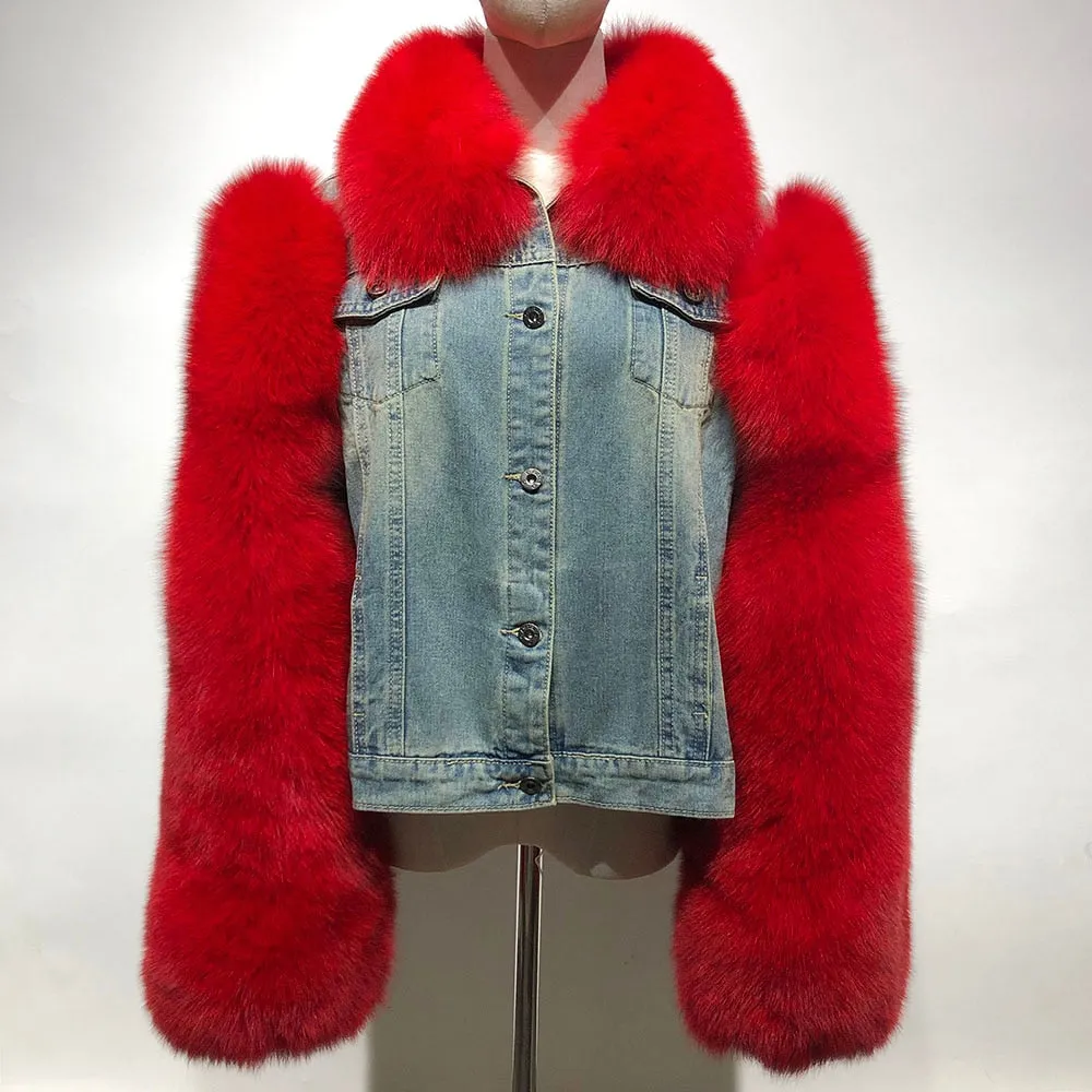 Denim jean fox fur Jacket