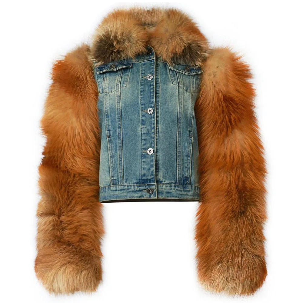 Denim jean fox fur Jacket