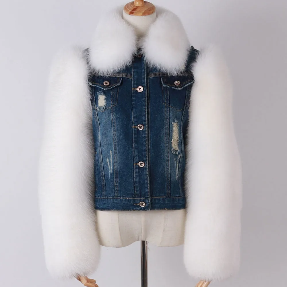 Denim jean fox fur Jacket