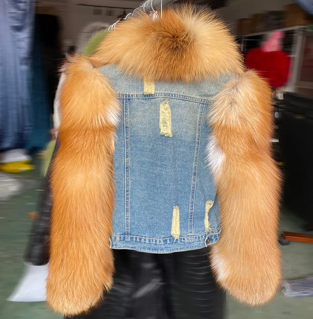 Denim jean fox fur Jacket