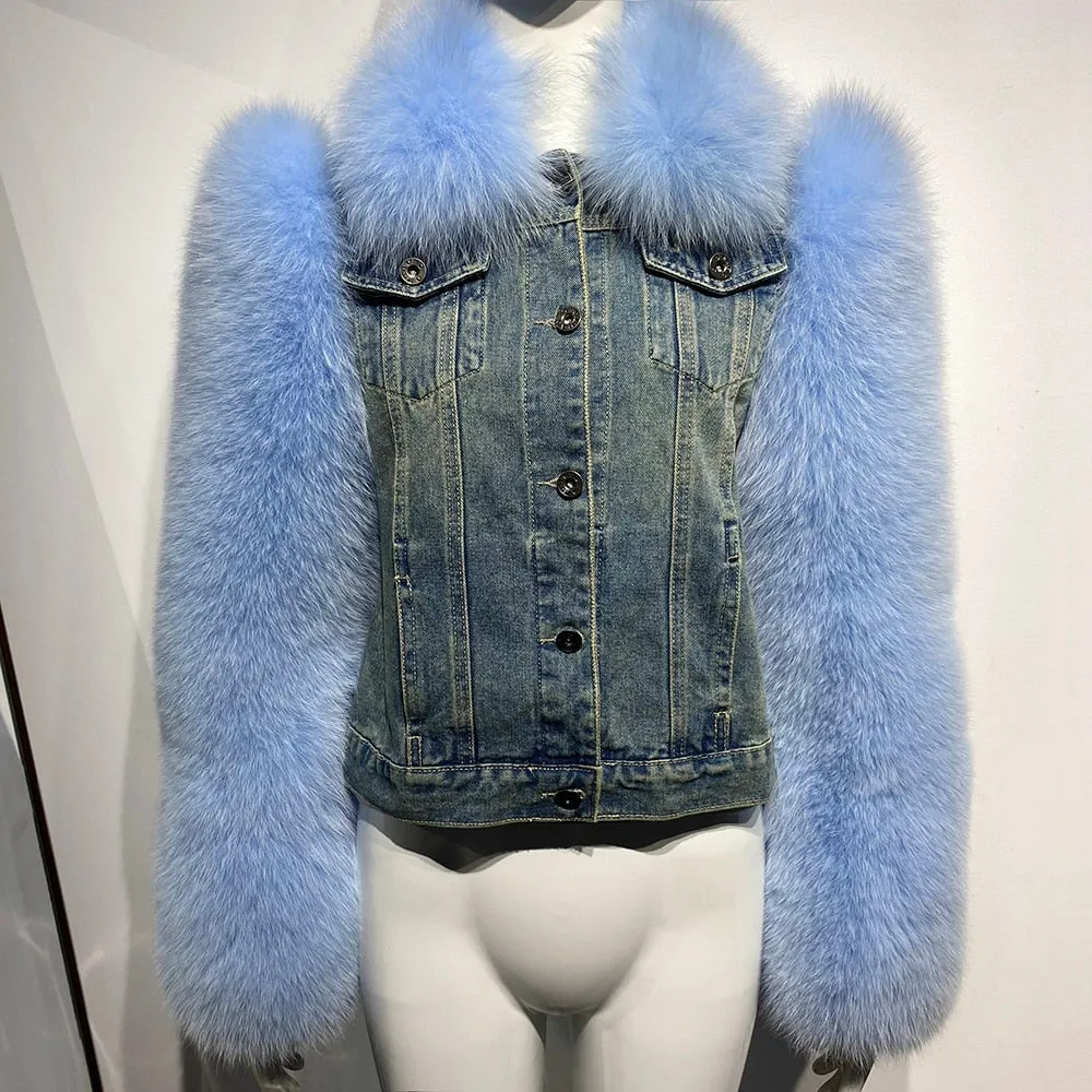 Denim jean fox fur Jacket