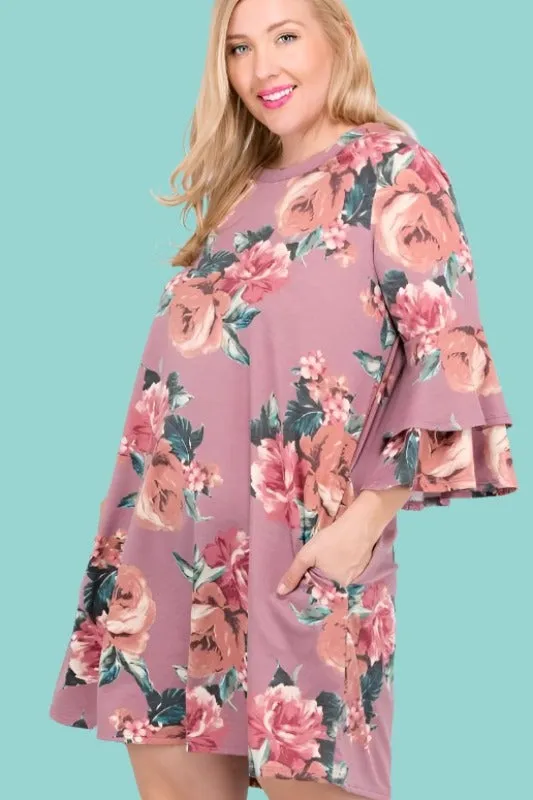 Easy French Terry Floral Print Dress - Dusty Rose