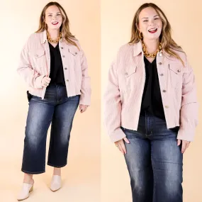 Edgy and Chic Button Up Corduroy Jacket with Raw Hem in Blush Pink