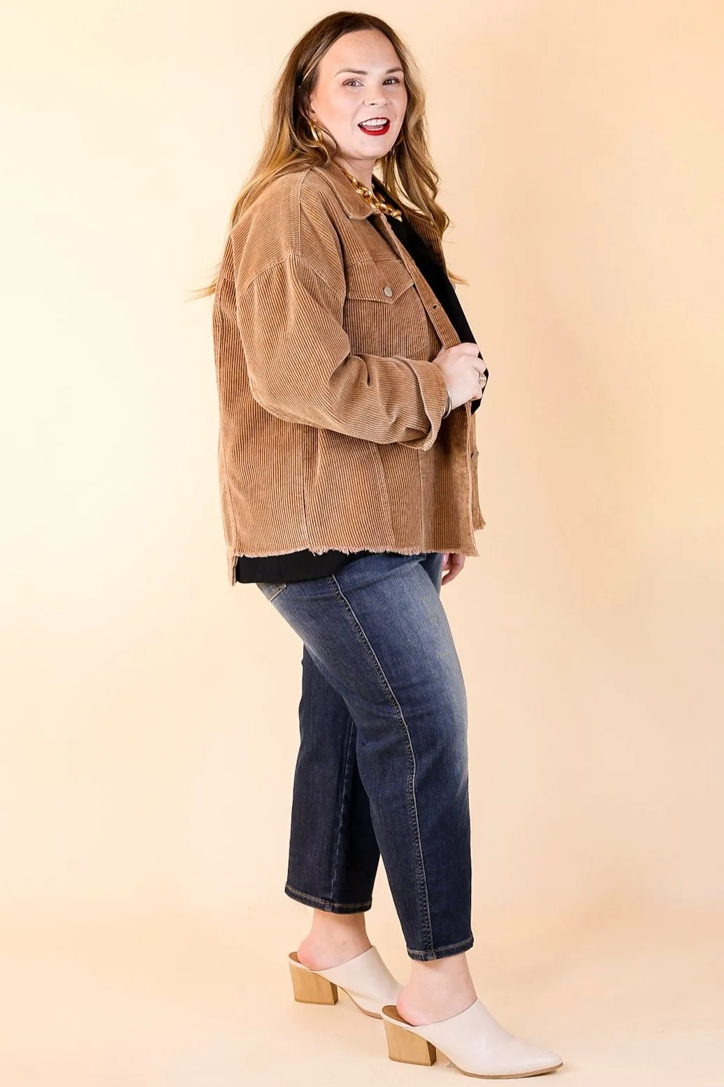 Edgy and Chic Button Up Corduroy Jacket with Raw Hem in Camel Brown