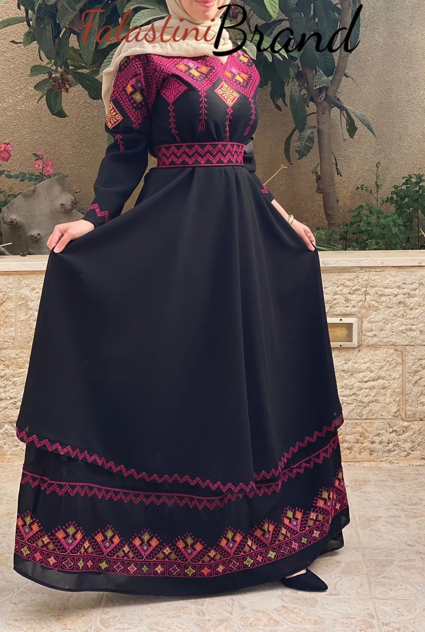 Elegant Black Palestinian Embroidered Cloche Layered Dress