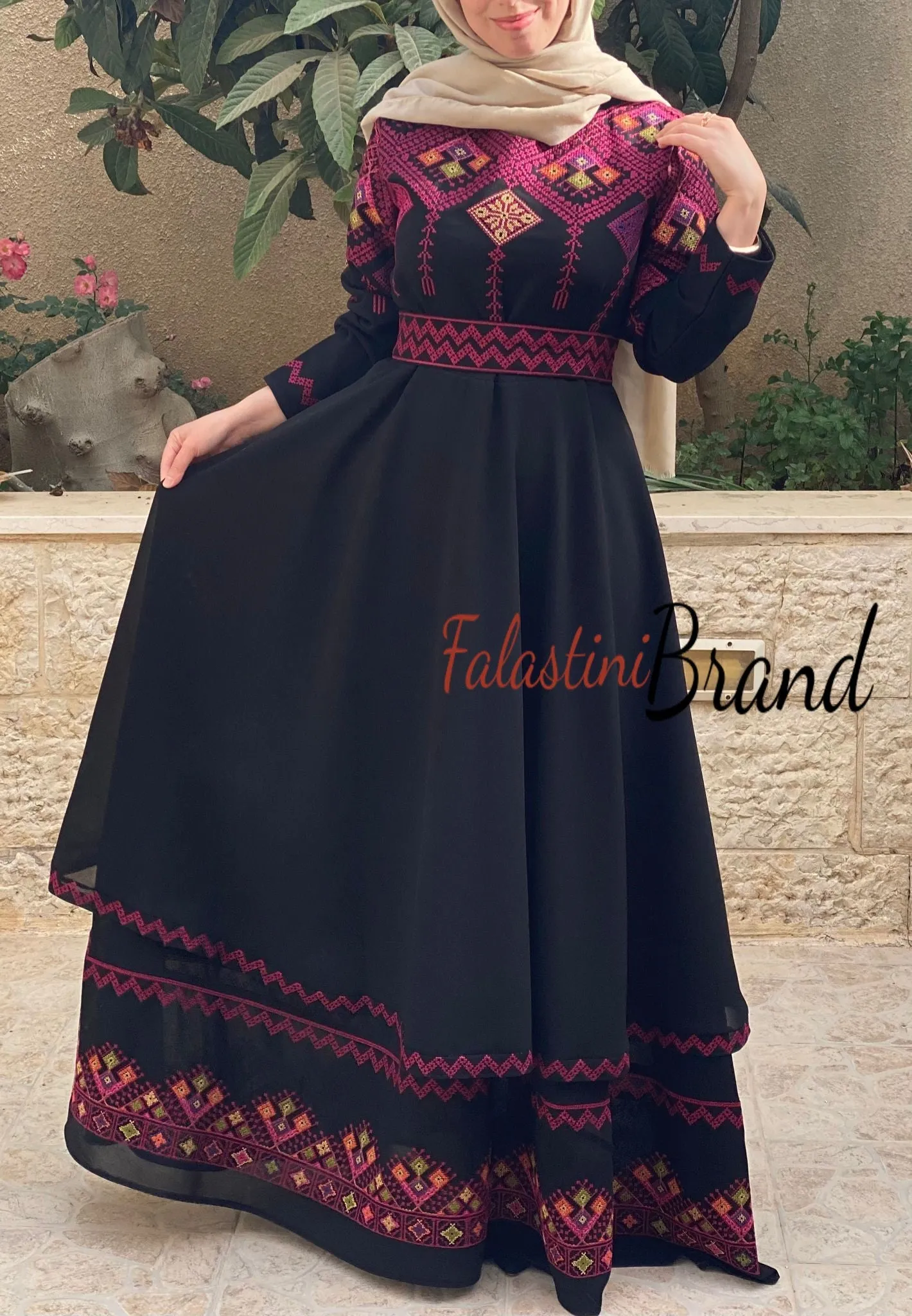 Elegant Black Palestinian Embroidered Cloche Layered Dress