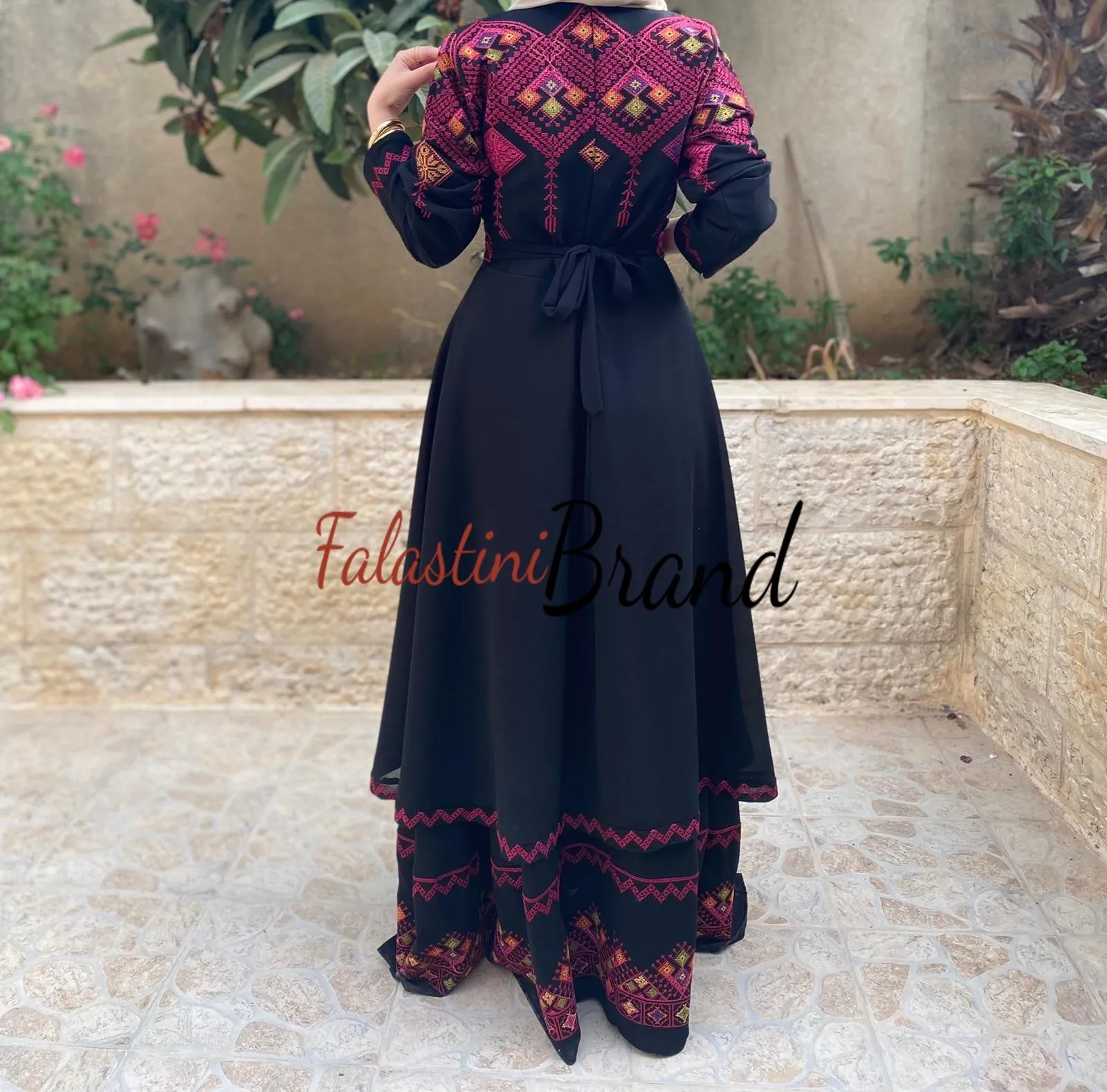 Elegant Black Palestinian Embroidered Cloche Layered Dress