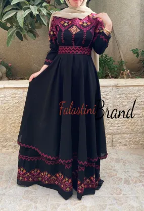 Elegant Black Palestinian Embroidered Cloche Layered Dress