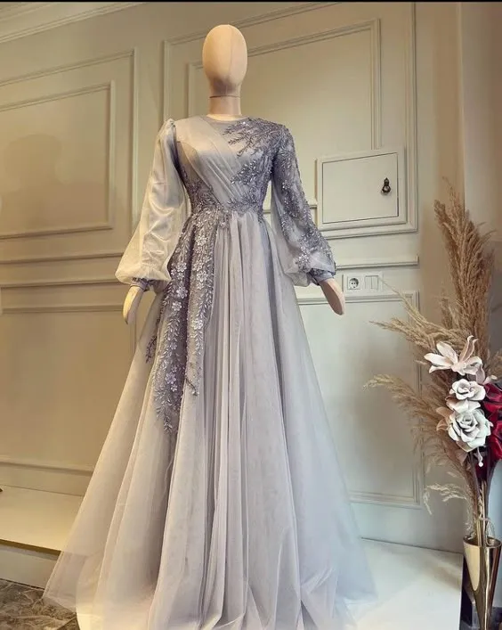 Elegant Muslim Evening Dress Long Sleeves Appliques Special Occasion Party Dress      fg6679