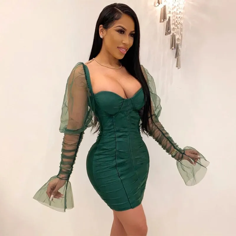 Elegant Solid Mesh Puff Sleeve Women Bodycon Mini Dress