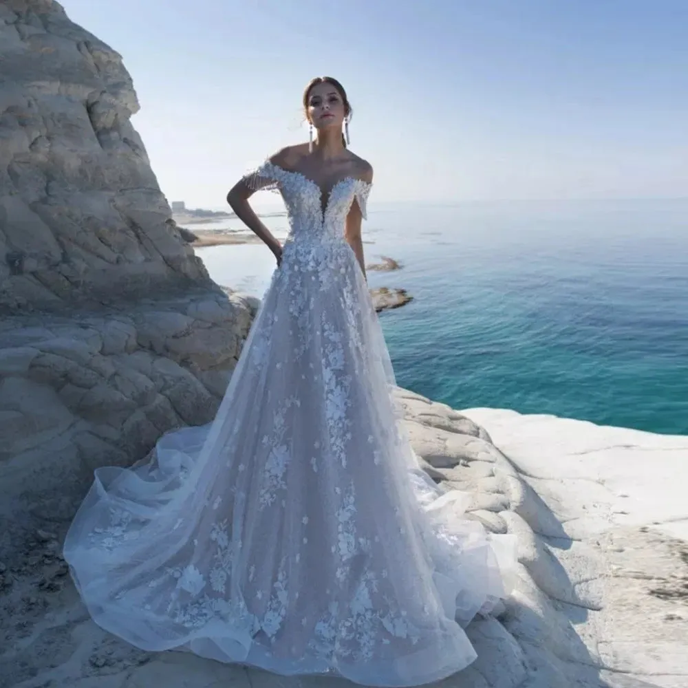 Elegant Tulle Beach Wedding Dress Off the Shoulder Bridal Gown