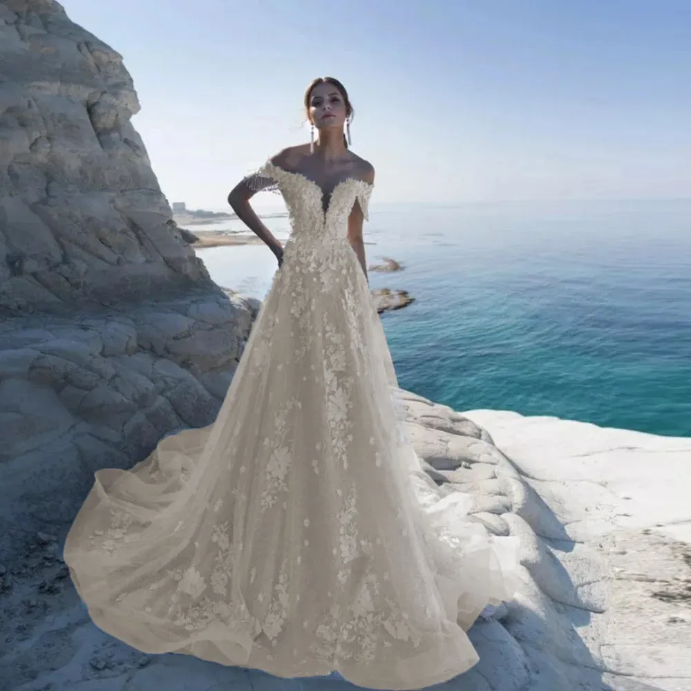 Elegant Tulle Beach Wedding Dress Off the Shoulder Bridal Gown