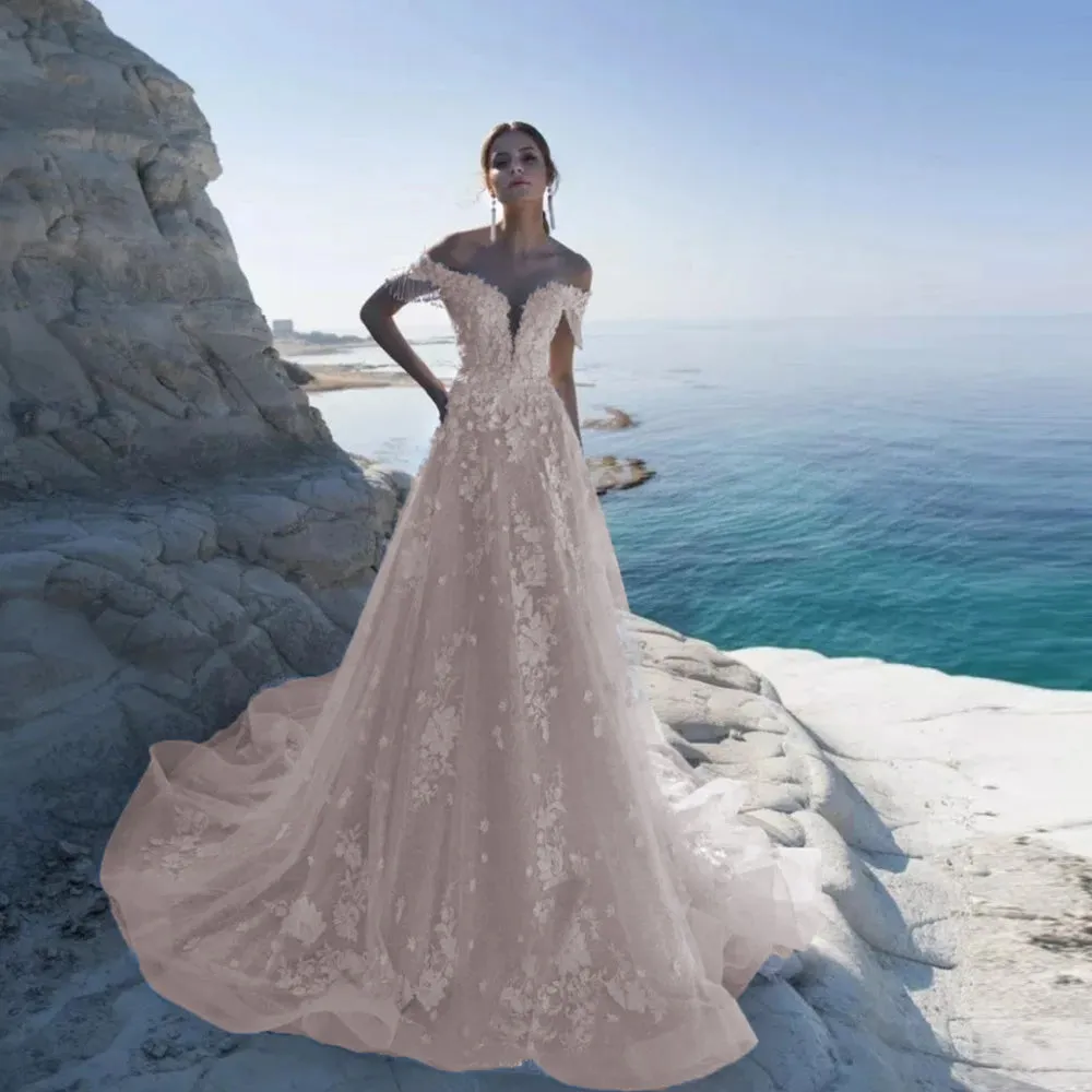 Elegant Tulle Beach Wedding Dress Off the Shoulder Bridal Gown