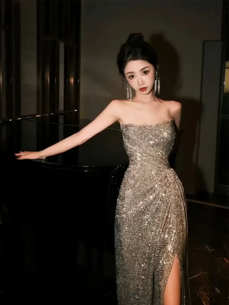 Engagement dress luxury banquet sequin strapless dress     S5827