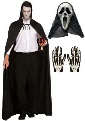 Ethereal Haunting Costume Set: Long Black Cape, Scream Ghost Killer Mask, and Skeleton Gloves