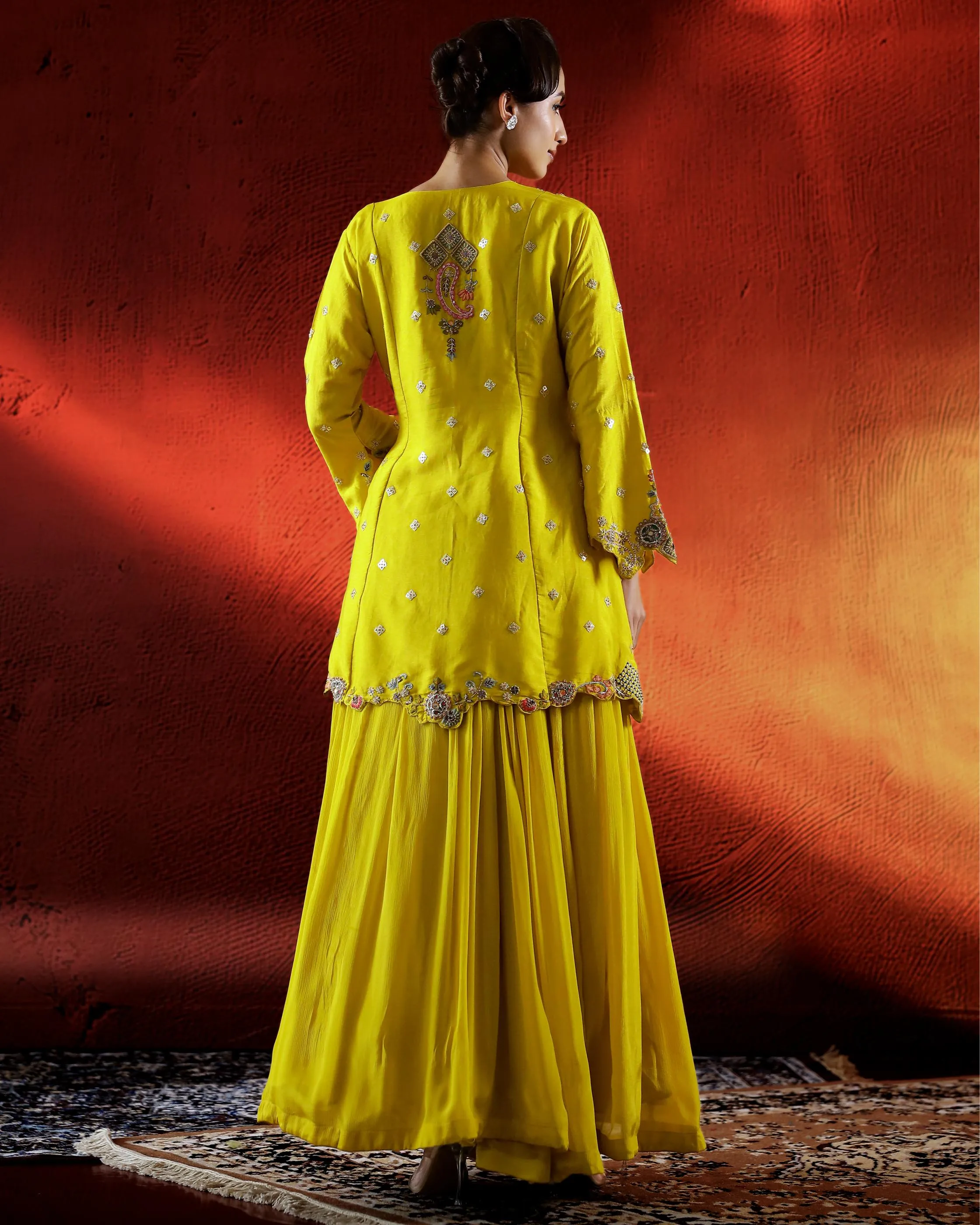 Festive Yellow Embellished Chinon Silk Lehenga Set