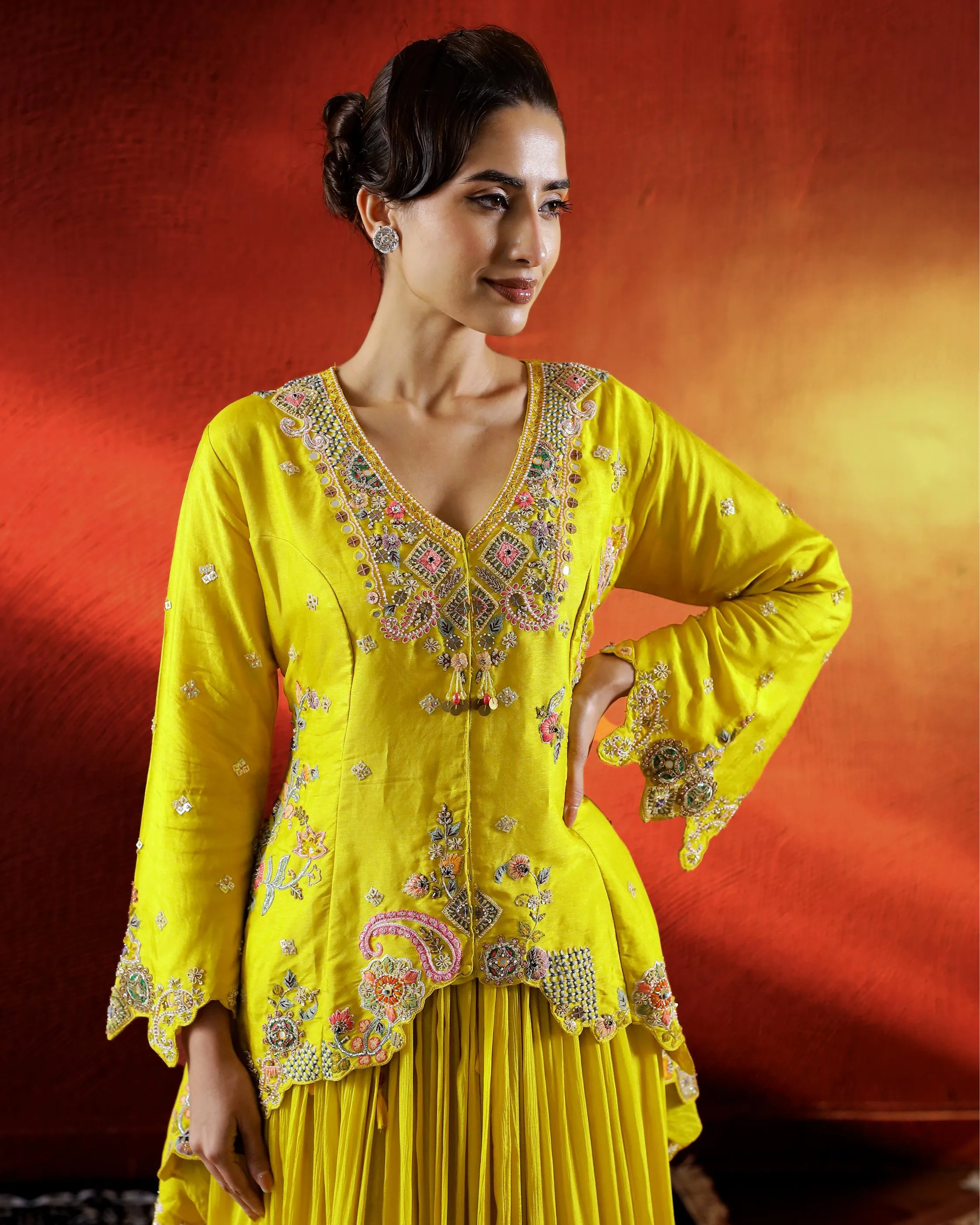 Festive Yellow Embellished Chinon Silk Lehenga Set