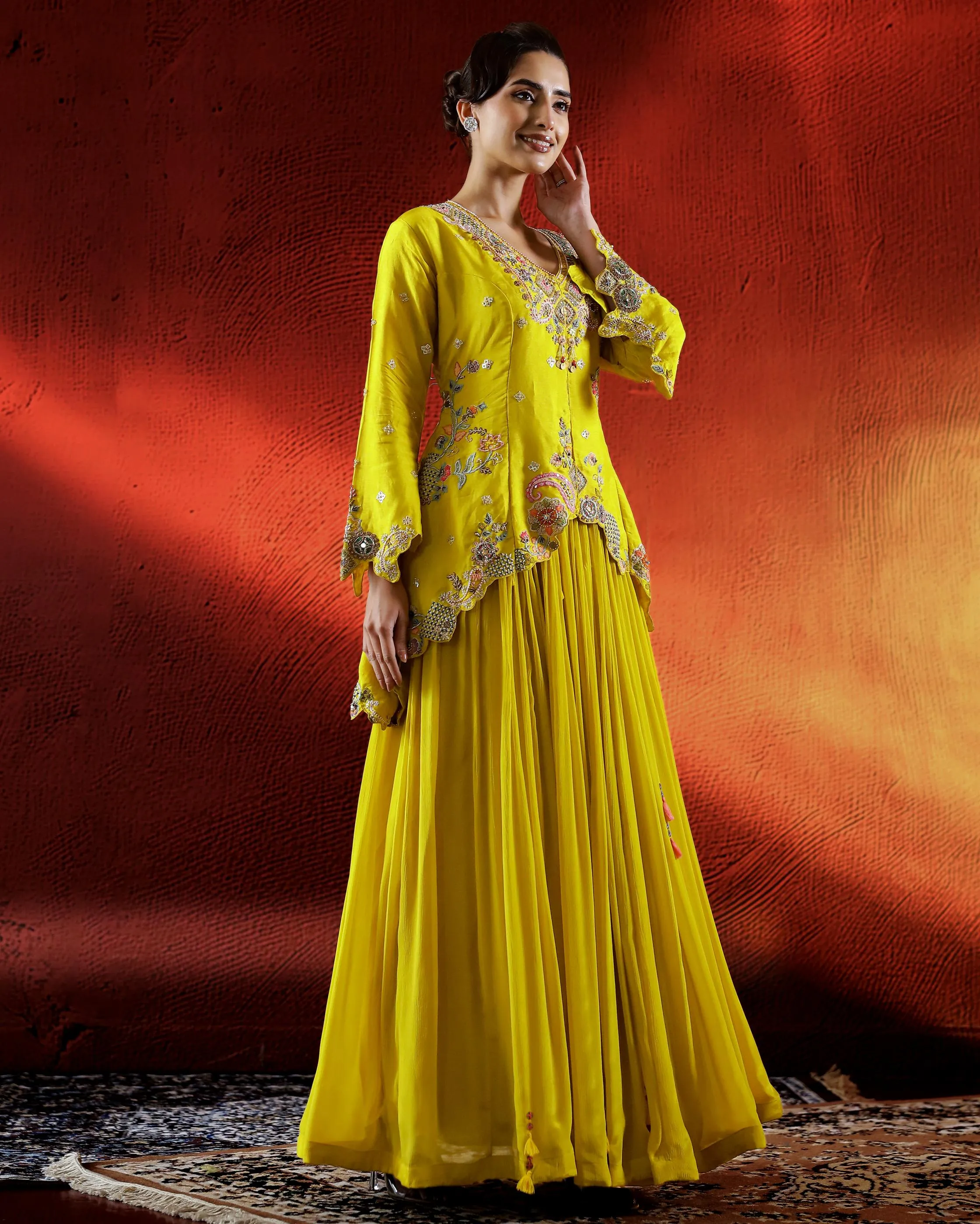 Festive Yellow Embellished Chinon Silk Lehenga Set