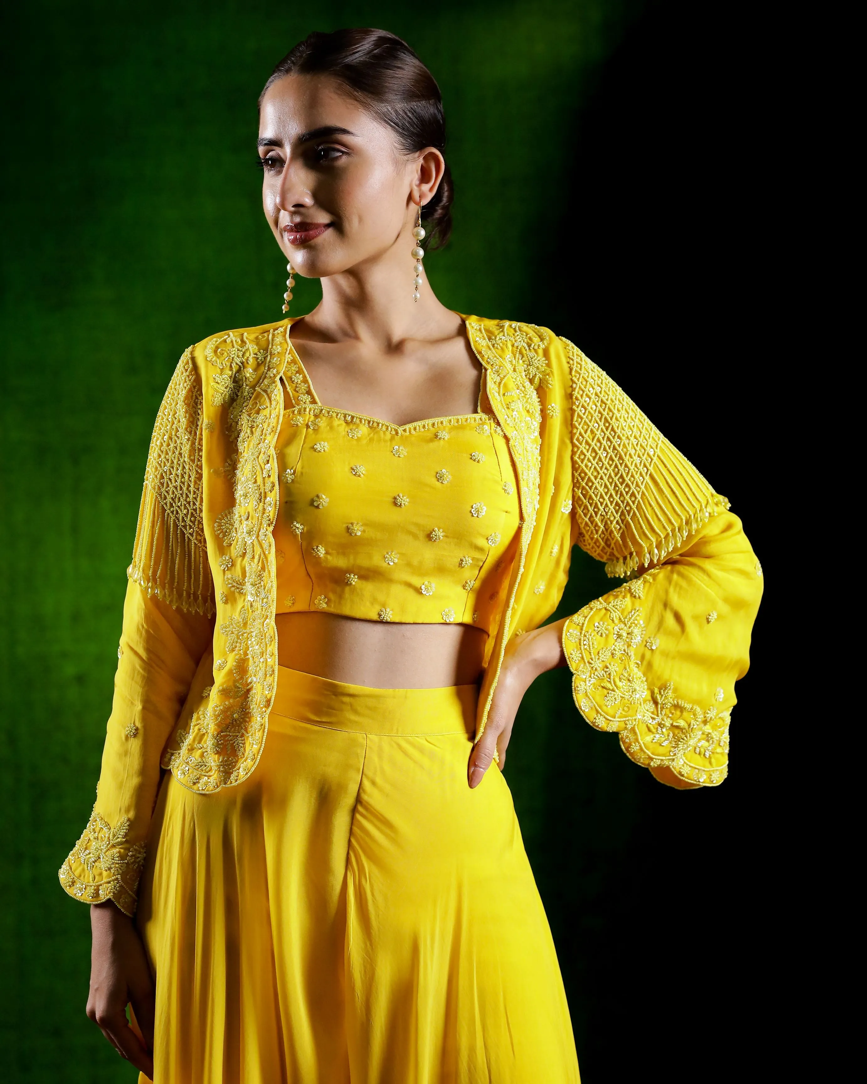 Festive Yellow Embellished Jacket Palazzo Set