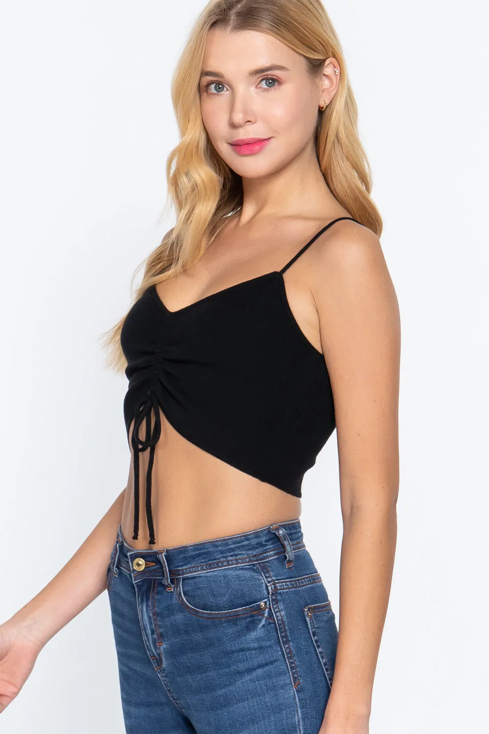 Front Ruched Detail Sweater Knit Crop Cami Black Top_