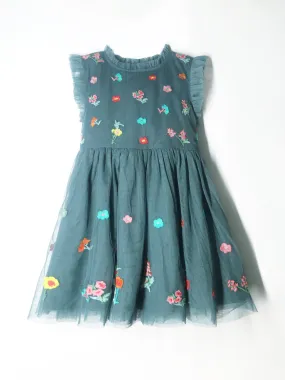 Girls Grey Floral Embroidered Flare Dress