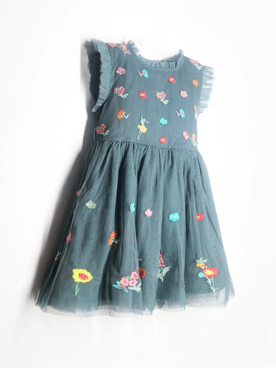 Girls Grey Floral Embroidered Flare Dress