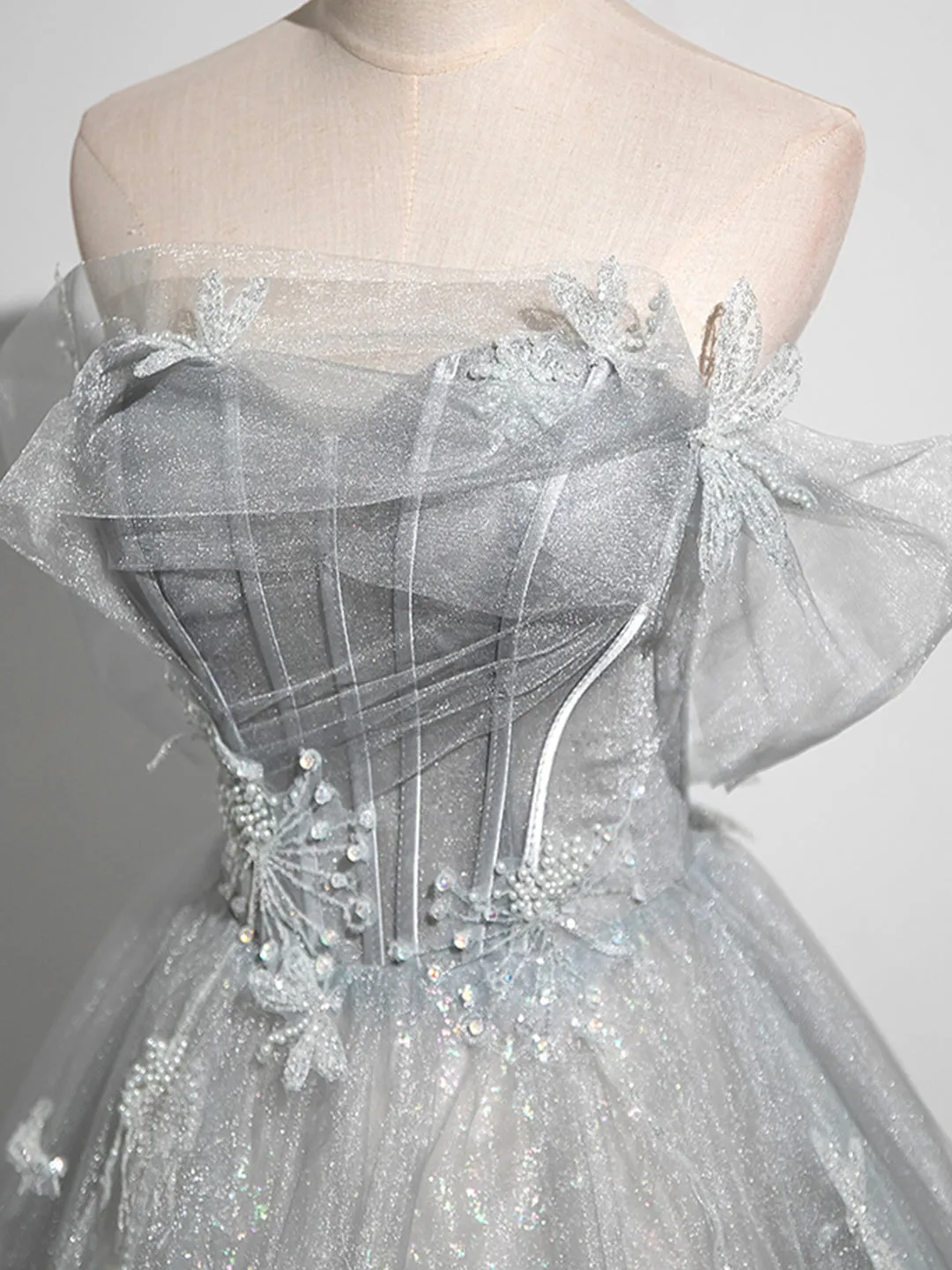 Gray A-Line Off the Shoulder Tulle Prom Dress, Lovely Corset Floor Length Party Dress