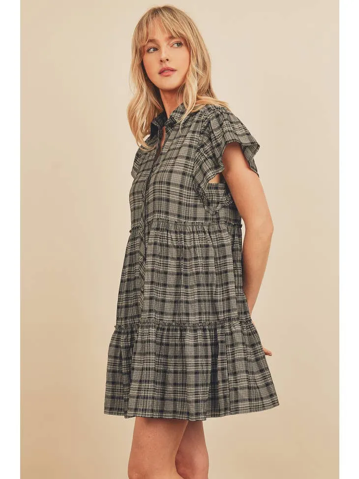 GREY AND BLACK PLAID TIERED BABY DOLL DRESS