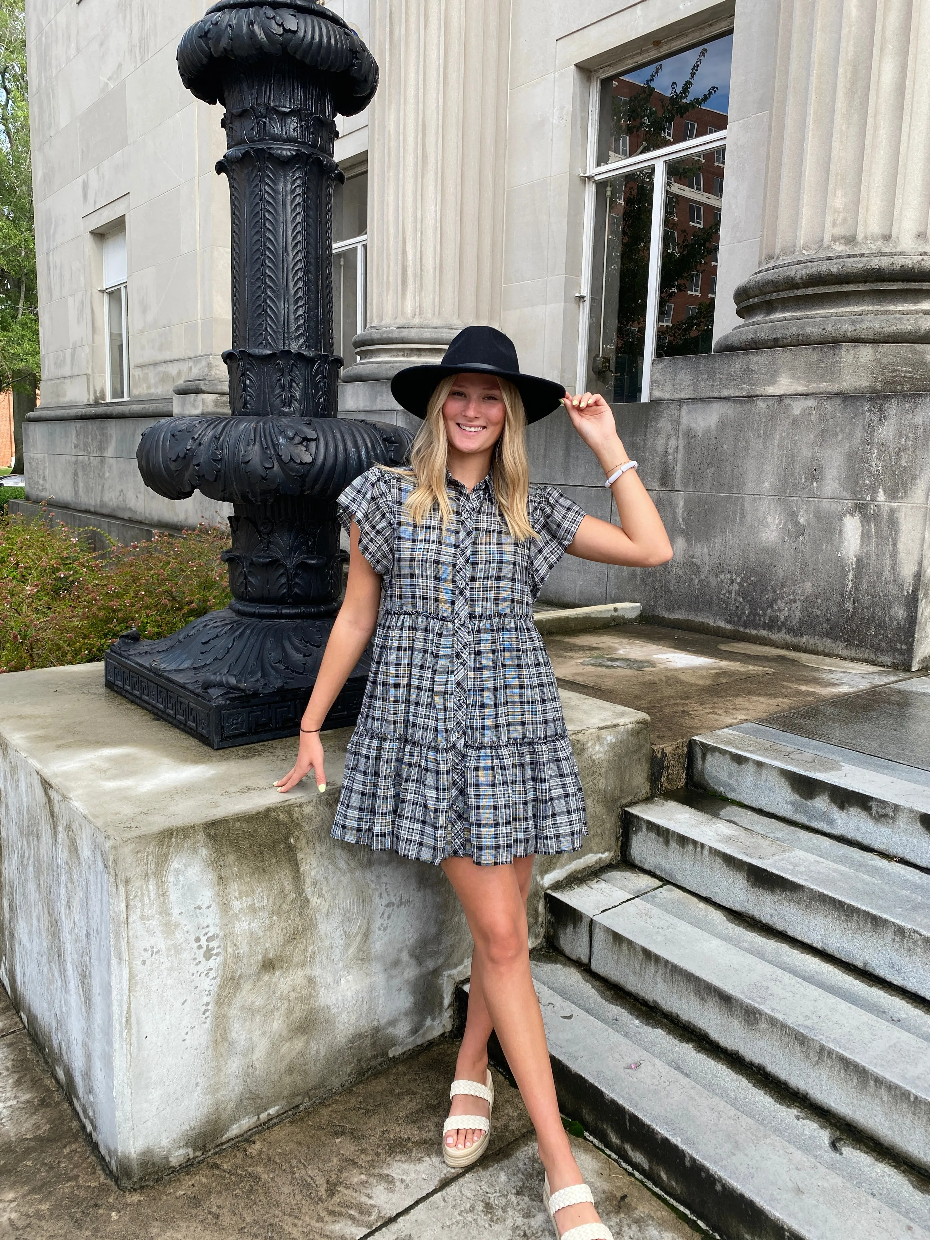 GREY AND BLACK PLAID TIERED BABY DOLL DRESS