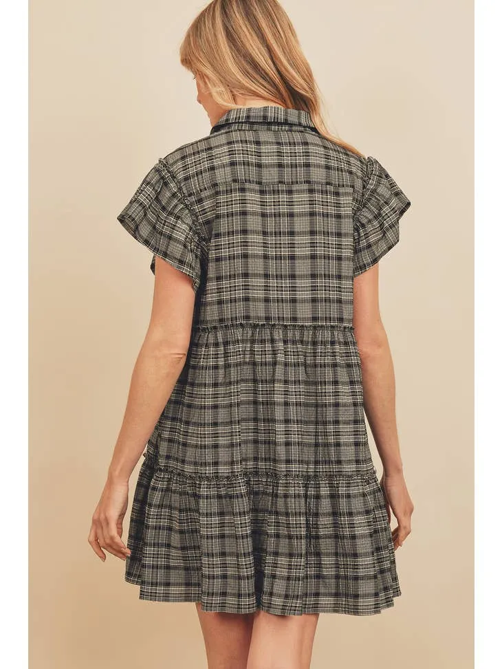 GREY AND BLACK PLAID TIERED BABY DOLL DRESS