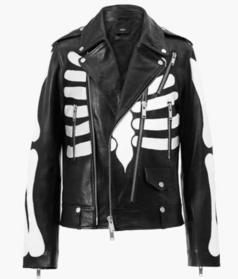 Handmade Men's Black Skeleton Motorcycle Jacket - Genuine Cowhide Leather