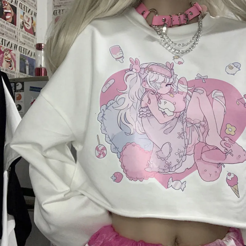 Harajuku bf style loose fit crop top anime girl pullover Tee T-shirt