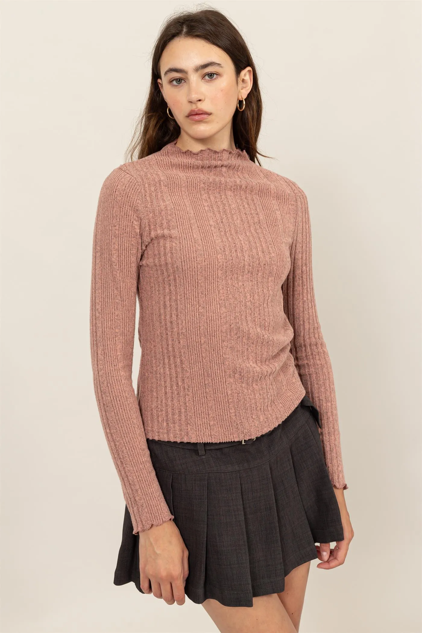 HF24E628-MOCK NECK RIBBED SWEATER