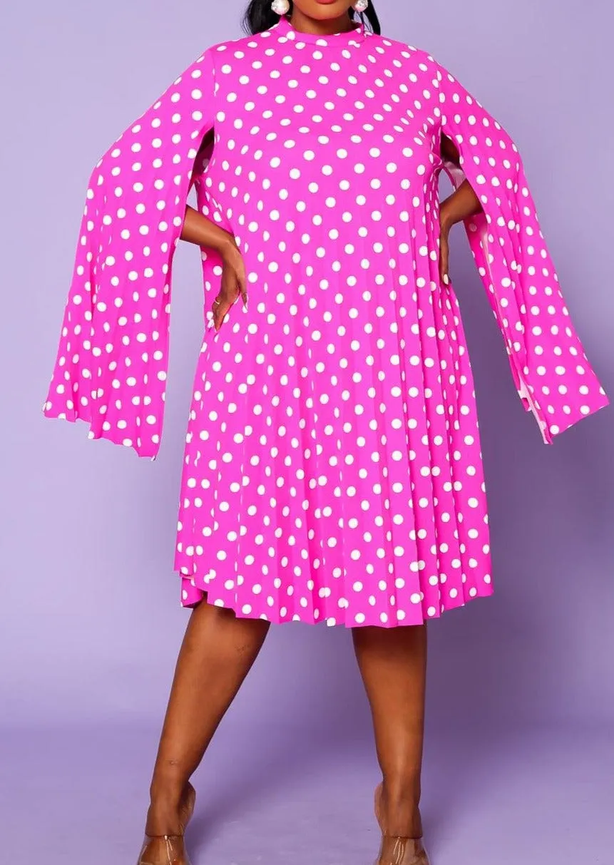 Hi Curvy Plus Size Women Polka Dot Pleated Cape Sleeve Dress