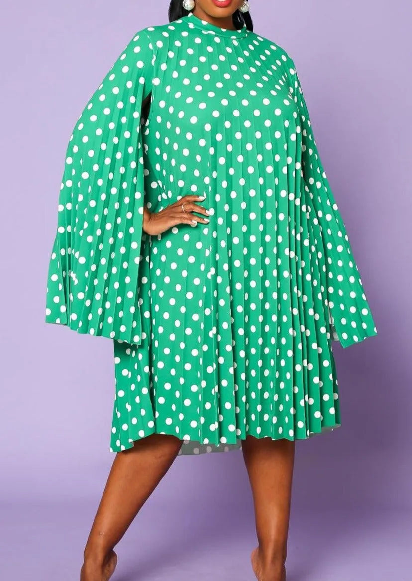 Hi Curvy Plus Size Women Polka Dot Pleated Cape Sleeve Dress