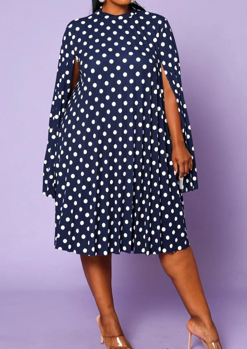 Hi Curvy Plus Size Women Polka Dot Pleated Cape Sleeve Dress