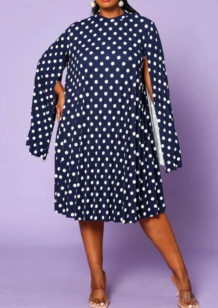 Hi Curvy Plus Size Women Polka Dot Pleated Cape Sleeve Dress