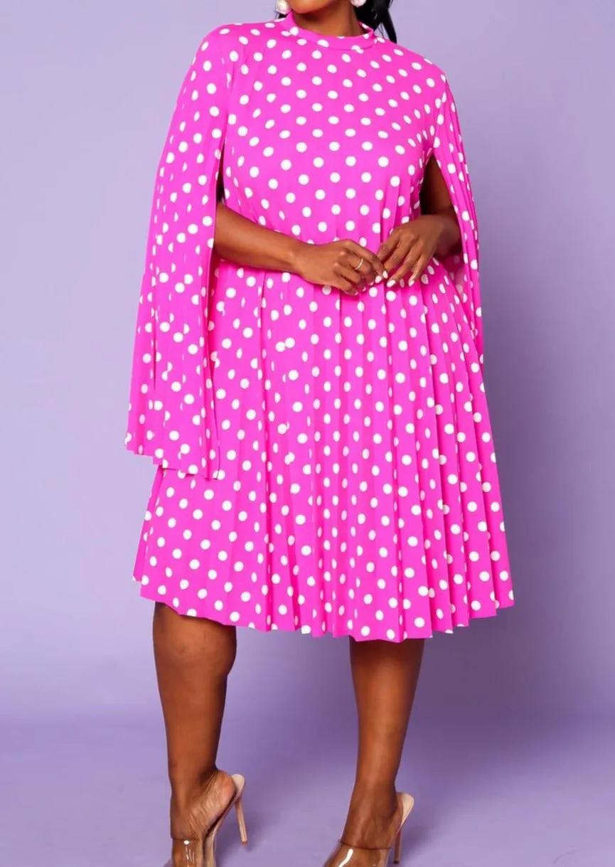 Hi Curvy Plus Size Women Polka Dot Pleated Cape Sleeve Dress