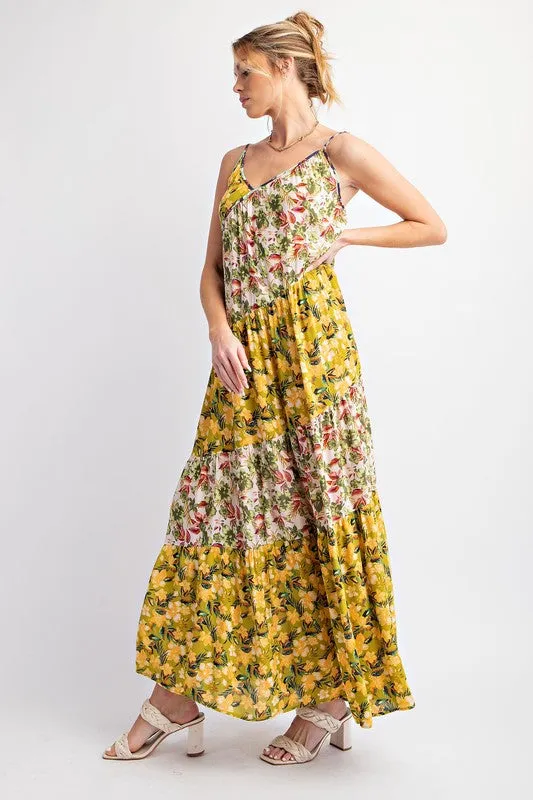 HONEY PRINTED COLOR BLOCK MAXI DRESS