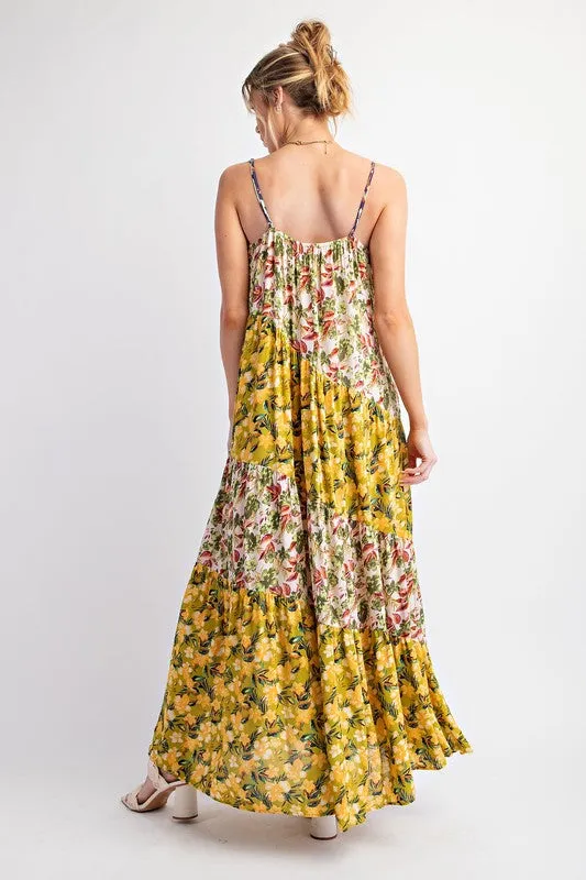 HONEY PRINTED COLOR BLOCK MAXI DRESS