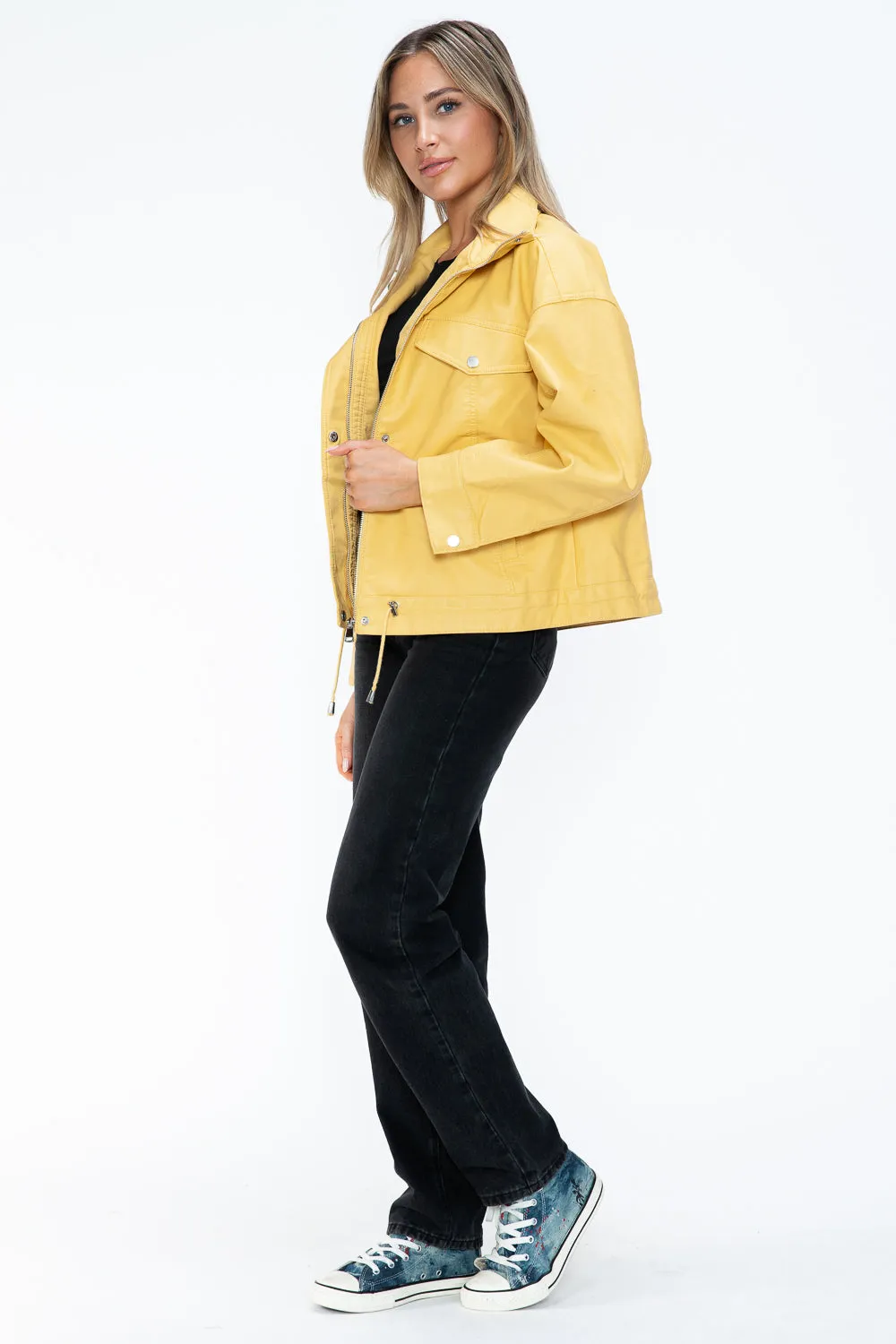 How Dare U Women PU Leather Jacket Drawstring Hem Zip Up Jacket Yellow