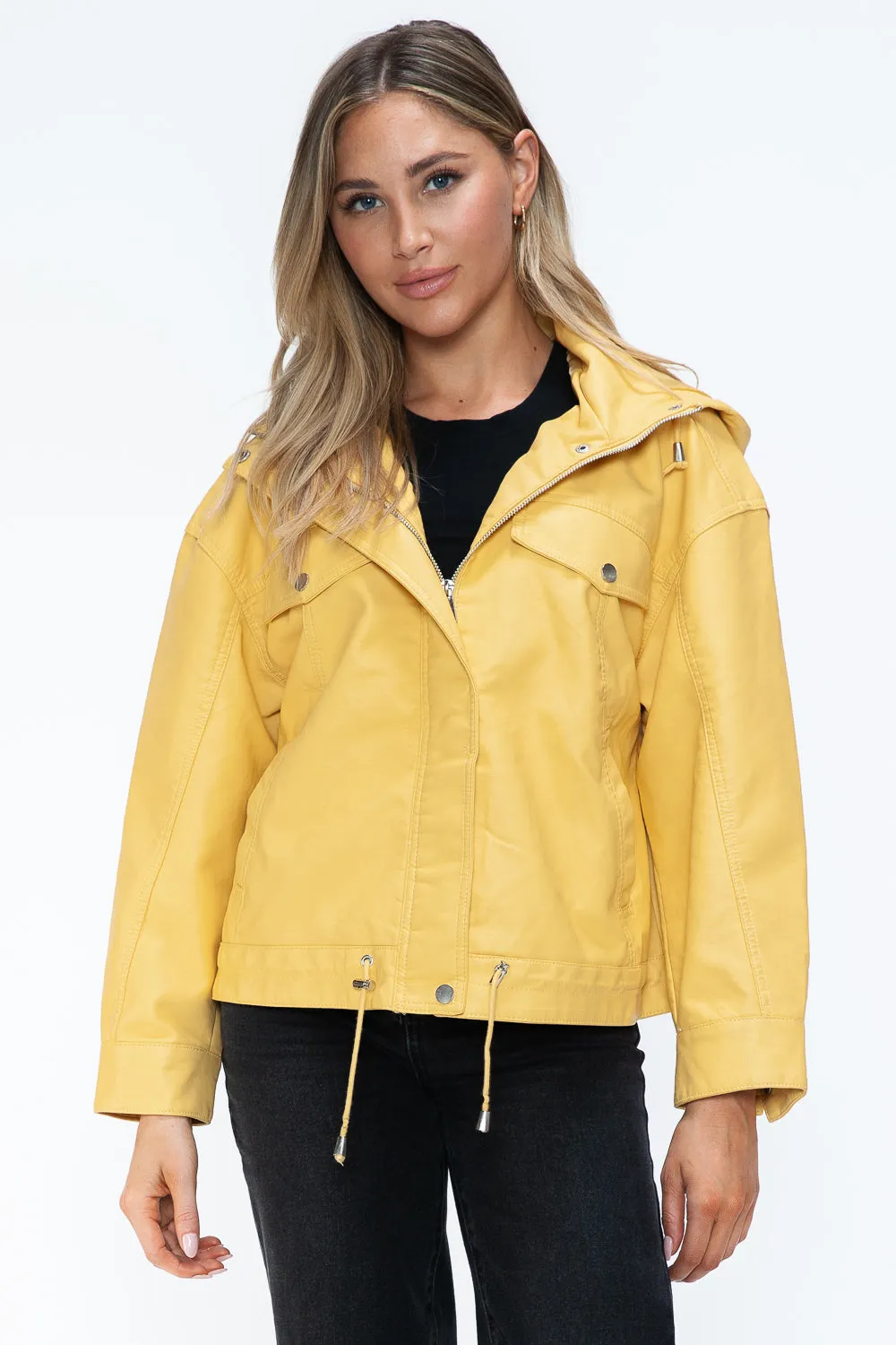 How Dare U Women PU Leather Jacket Drawstring Hem Zip Up Jacket Yellow