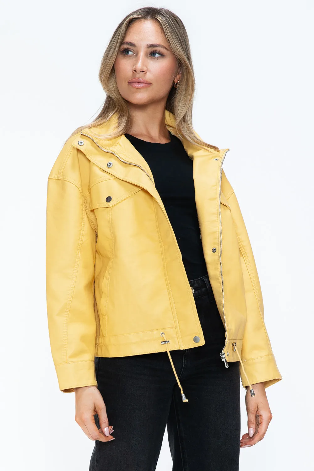 How Dare U Women PU Leather Jacket Drawstring Hem Zip Up Jacket Yellow