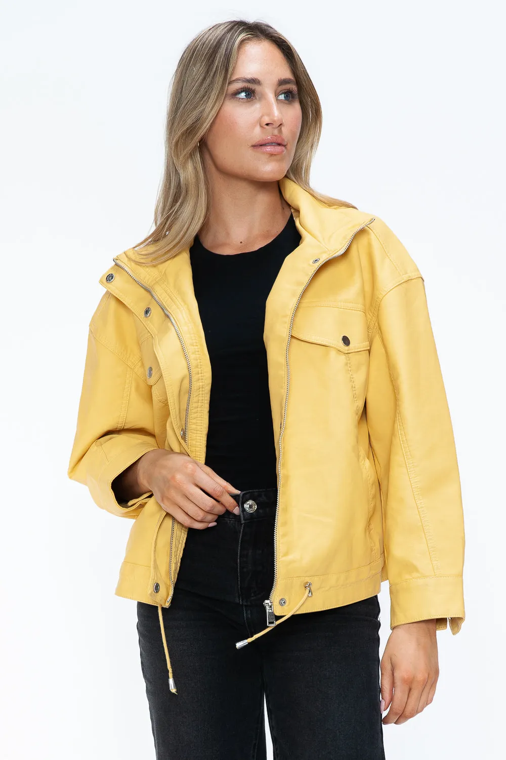 How Dare U Women PU Leather Jacket Drawstring Hem Zip Up Jacket Yellow