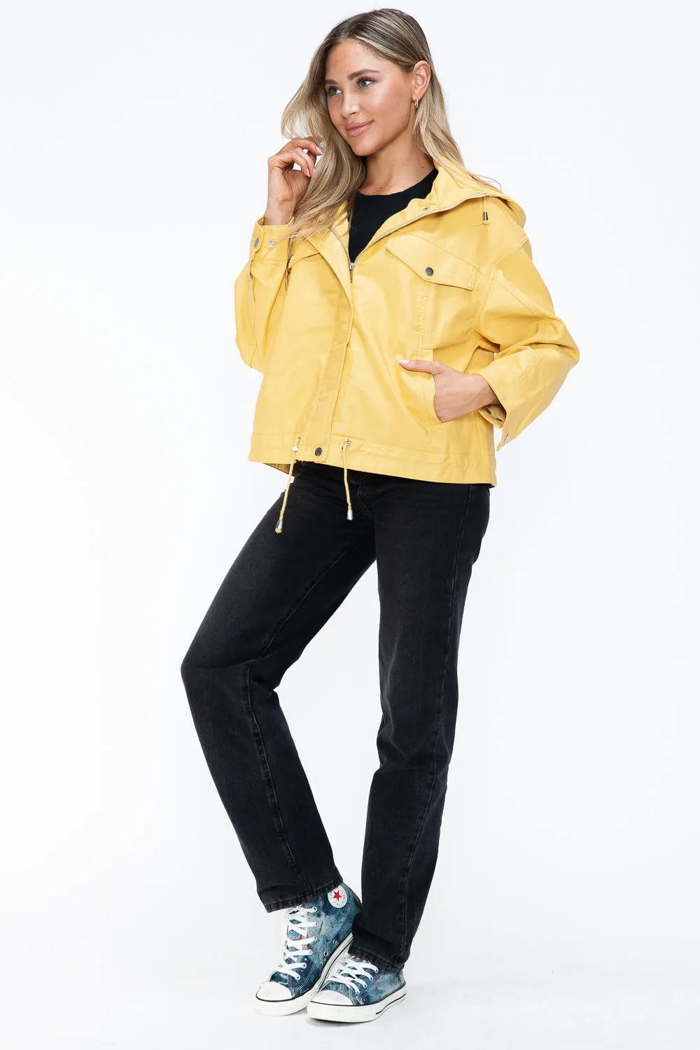 How Dare U Women PU Leather Jacket Drawstring Hem Zip Up Jacket Yellow