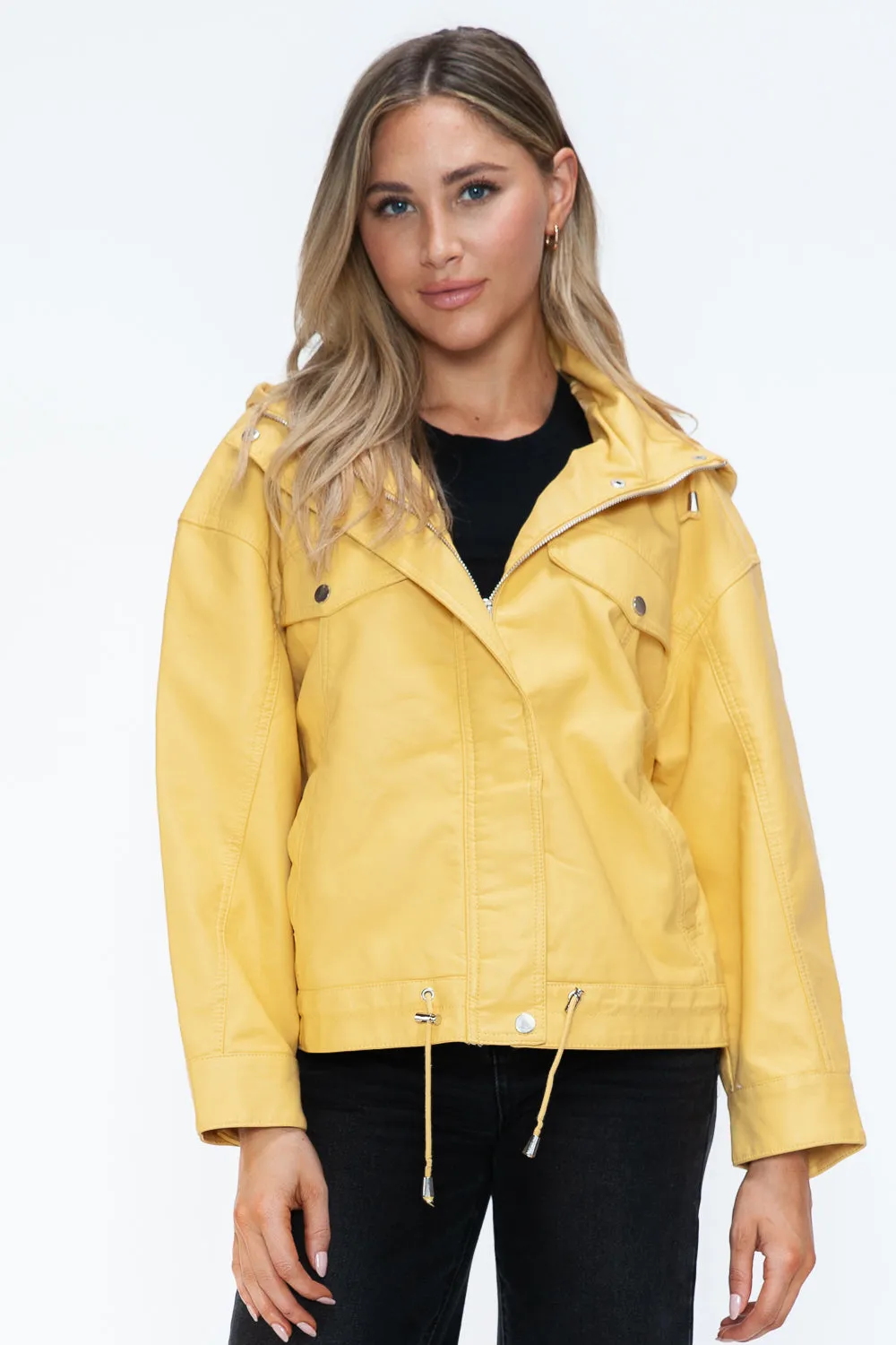 How Dare U Women PU Leather Jacket Drawstring Hem Zip Up Jacket Yellow