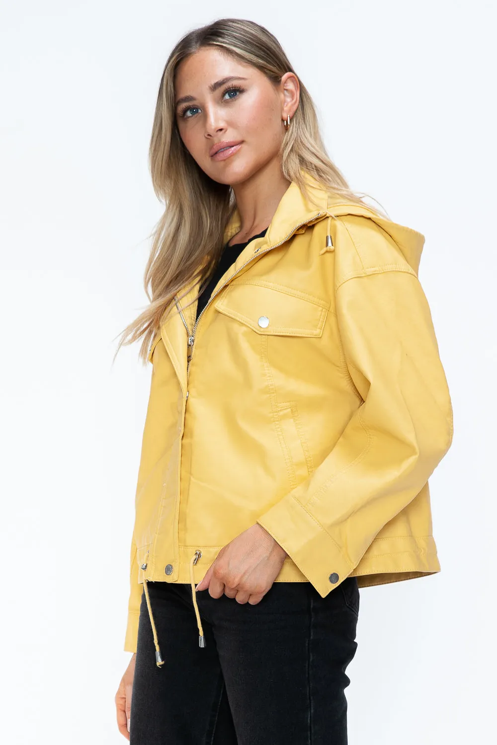 How Dare U Women PU Leather Jacket Drawstring Hem Zip Up Jacket Yellow