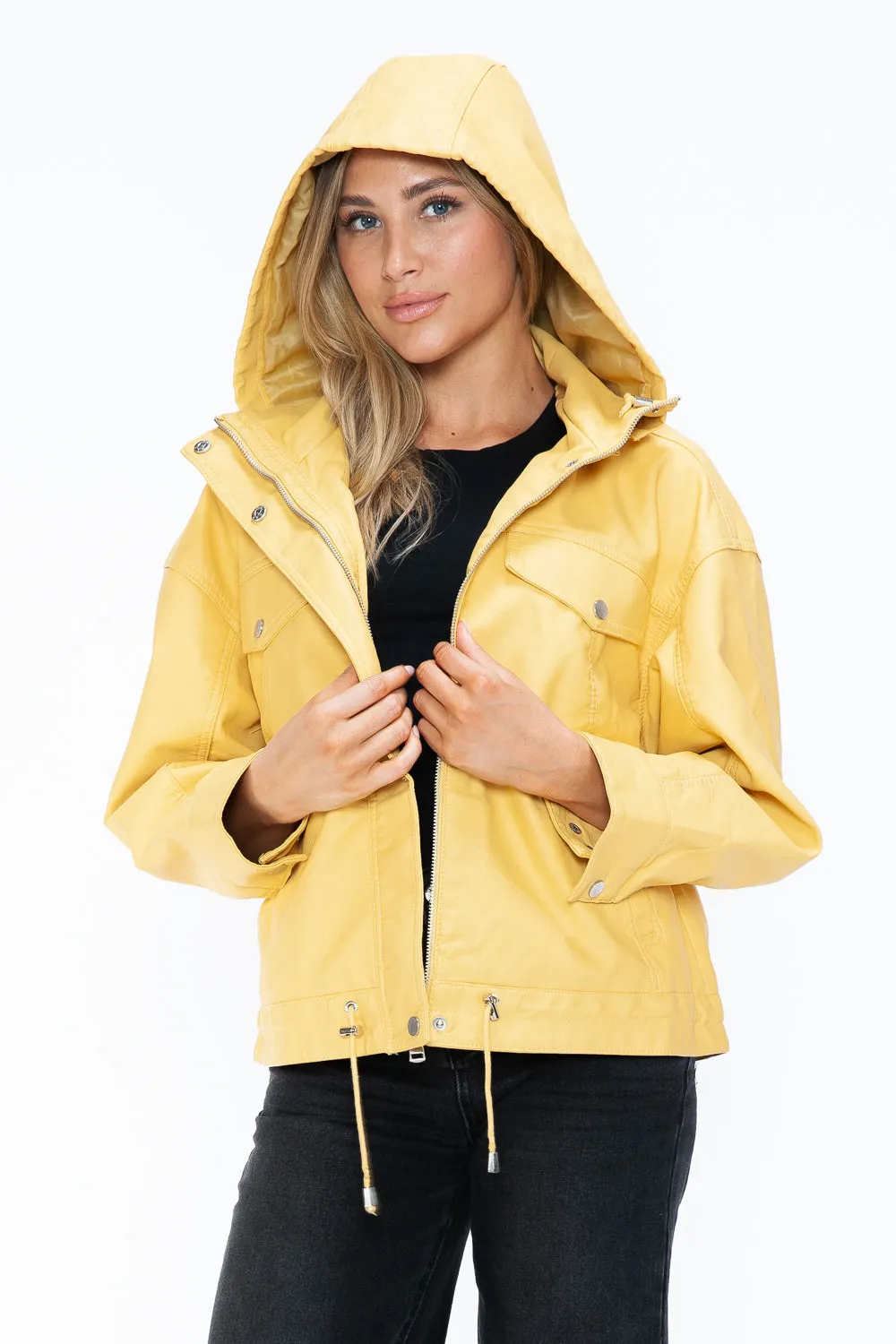 How Dare U Women PU Leather Jacket Drawstring Hem Zip Up Jacket Yellow