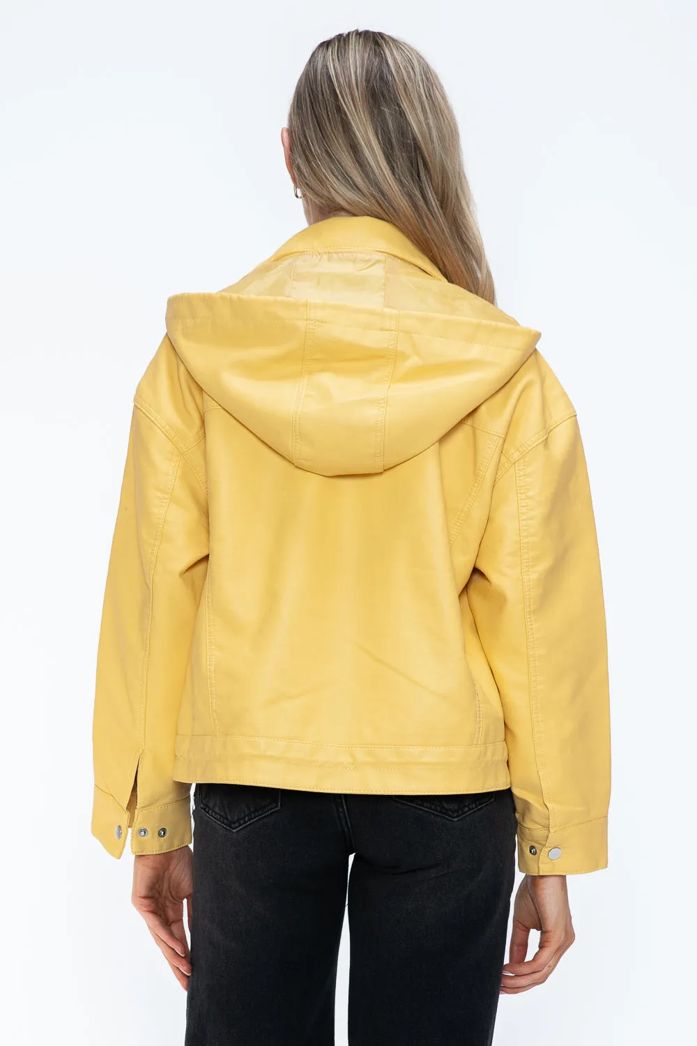 How Dare U Women PU Leather Jacket Drawstring Hem Zip Up Jacket Yellow