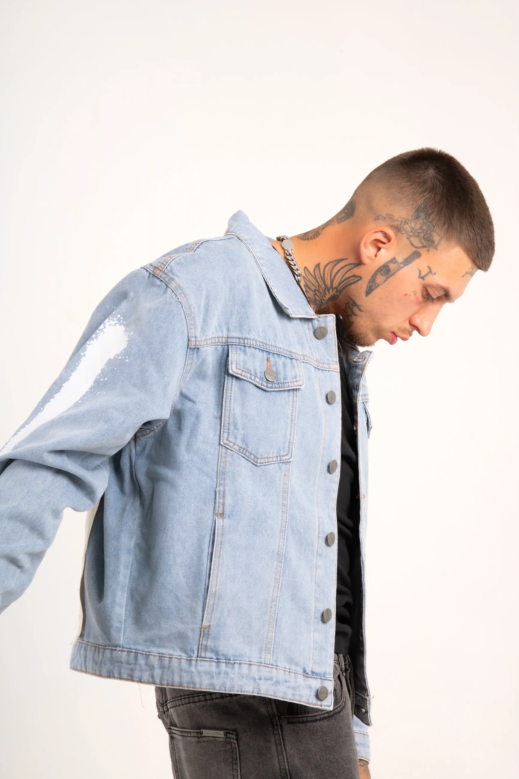 Japanese Graffiti Back Patch Oversized Trucker Jacket in Light Wash